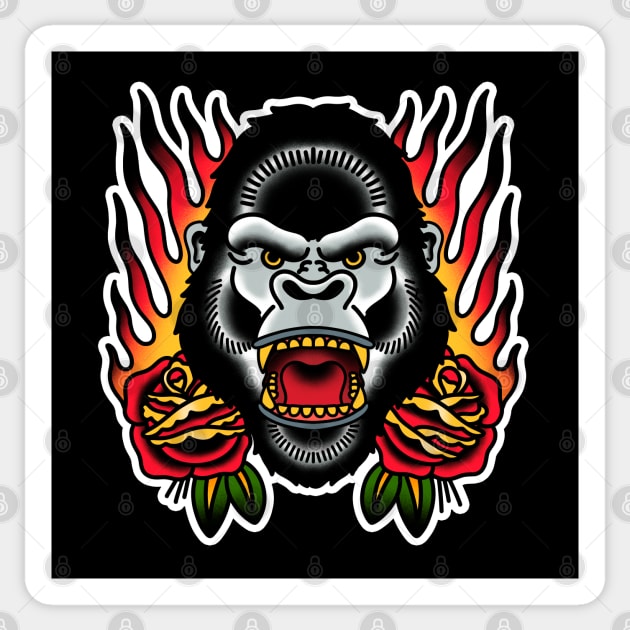 Gorilla Flames and Roses Traditional Tattoo Sticker by Trippycollage